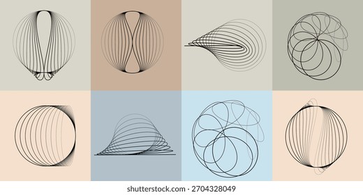 Abstract visual harmony of circles and curved lines , perfect for digital branding. Linear circular art with balanced curves ideal for posters, packaging and web design. Vector rotational shapes set.