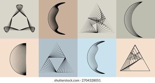 Abstract visual harmony of circles and curved lines , perfect for digital branding. Linear circular art with balanced curves ideal for posters, packaging and web design. Vector rotational shapes set.