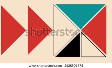 Abstract visual with intersecting triangles in red, teal, and beige forming bold modern compositions.