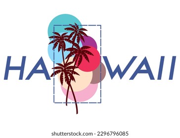 An abstract visual portrayal of Hawaii with curvilinear palm trees and radiant overlapping phases of the sun on a rectangular dashed line frame