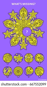 Abstract visual puzzle with mandala-like decorative centerpiece: What's missing? Answer included.