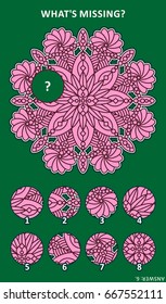 Abstract visual puzzle with mandala-like decorative centerpiece: What's missing? Answer included.