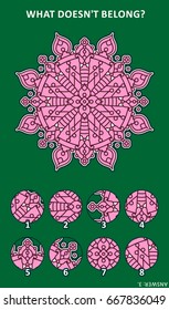 Abstract visual puzzle with mandala-like decorative centerpiece: What doesn't belong? Answer included.

