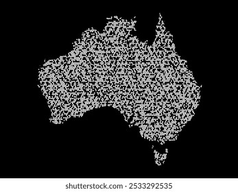 Abstract visual representation of the Australia map made up of irregular white shapes against a black background. The shapes create a fragmented texture, forming the outline of the country.