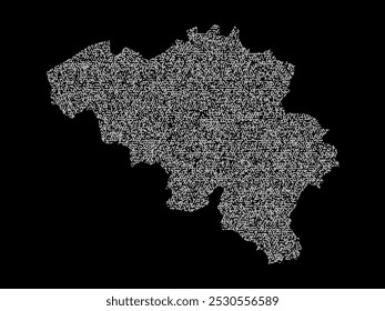 Abstract visual representation of the Belgium map made up of irregular white shapes against a black background. The shapes create a fragmented texture, forming the outline of the country.