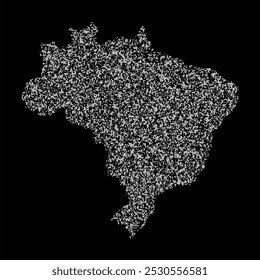 Abstract visual representation of the Brazil map made up of irregular white shapes against a black background. The shapes create a fragmented texture, forming the outline of the country.