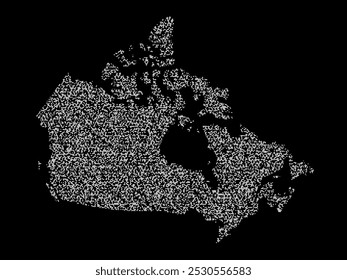 Abstract visual representation of the Canada map made up of irregular white shapes against a black background. The shapes create a fragmented texture, forming the outline of the country.