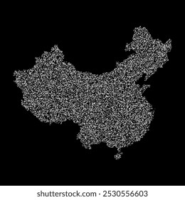 Abstract visual representation of the China map made up of irregular white shapes against a black background. The shapes create a fragmented texture, forming the outline of the country.