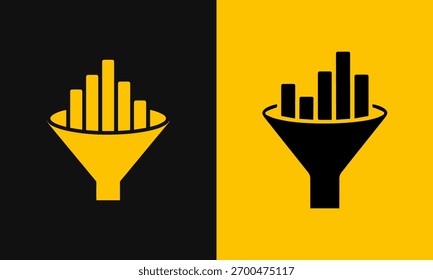 Abstract visual representation of data filtering and analysis using a funnel and bar chart icons