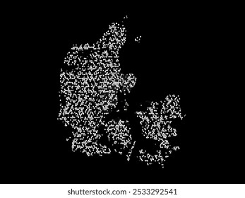 Abstract visual representation of the Denmark map made up of irregular white shapes against a black background. The shapes create a fragmented texture, forming the outline of the country.