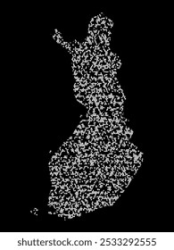 Representación visual Abstractas del mapa de Finlandia compuesto por Formas blancas irregulares sobre un fondo negro. Las Formas crean una textura fragmentada, formando el contorno del país.