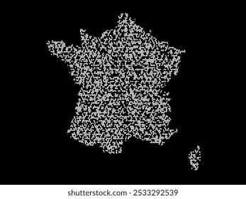 Abstract visual representation of the France map made up of irregular white shapes against a black background. The shapes create a fragmented texture, forming the outline of the country.