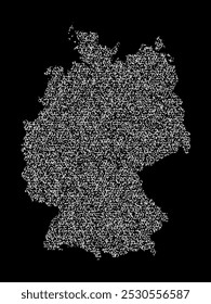 Abstract visual representation of the Germany map made up of irregular white shapes against a black background. The shapes create a fragmented texture, forming the outline of the country.