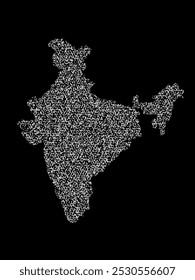 Abstract visual representation of the India map made up of irregular white shapes against a black background. The shapes create a fragmented texture, forming the outline of the country.