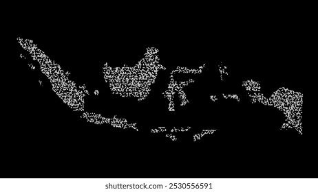 Abstract visual representation of the Indonesia map made up of irregular white shapes against a black background. The shapes create a fragmented texture, forming the outline of the country.