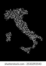 Abstract visual representation of the Italy map made up of irregular white shapes against a black background. The shapes create a fragmented texture, forming the outline of the country.