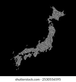 Abstract visual representation of the Japan map made up of irregular white shapes against a black background. The shapes create a fragmented texture, forming the outline of the country.