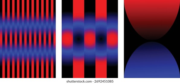 Abstract visual representation of light diffraction and interference patterns in red and blue hues