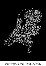 Abstract visual representation of the Netherlands map made up of irregular white shapes against a black background. The shapes create a fragmented texture, forming the outline of the country.