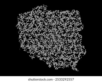 Abstract visual representation of the Poland map made up of irregular white shapes against a black background. The shapes create a fragmented texture, forming the outline of the country.