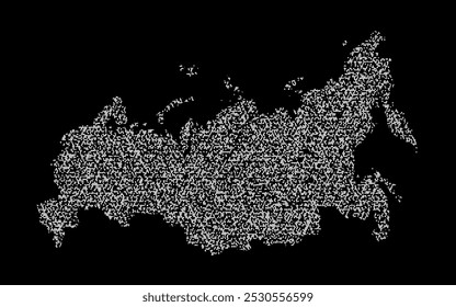 Abstract visual representation of the Russia map made up of irregular white shapes against a black background. The shapes create a fragmented texture, forming the outline of the country.