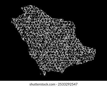 Abstract visual representation of the Saudi Arabia map made up of irregular white shapes against a black background. The shapes create a fragmented texture, forming the outline of the country.