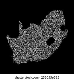 Abstract visual representation of the South Africa map made up of irregular white shapes against a black background. The shapes create a fragmented texture, forming the outline of the country.