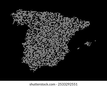 Abstract visual representation of the Spain map made up of irregular white shapes against a black background. The shapes create a fragmented texture, forming the outline of the country.