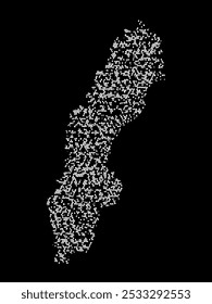 Abstract visual representation of the Sweden map made up of irregular white shapes against a black background. The shapes create a fragmented texture, forming the outline of the country.