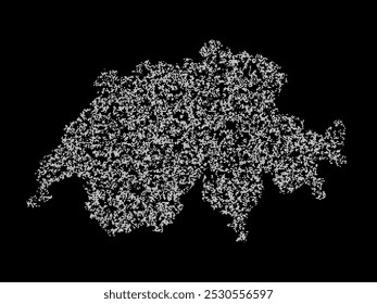 Abstract visual representation of the Switzerland map made up of irregular white shapes against a black background. The shapes create a fragmented texture, forming the outline of the country.