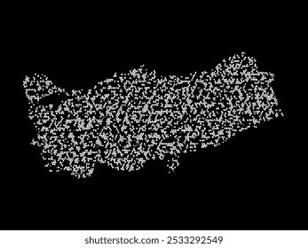 Abstract visual representation of the Turkey map made up of irregular white shapes against a black background. The shapes create a fragmented texture, forming the outline of the country.