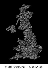 Abstract visual representation of the United Kingdom map made up of irregular white shapes against a black background. The shapes create a fragmented texture, forming the outline of the country.