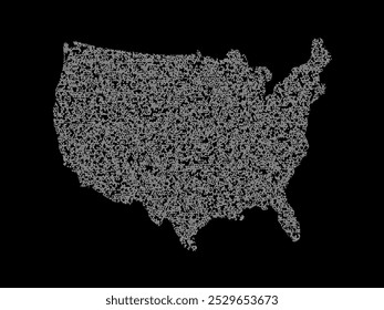 Abstract visual representation of the United States map made up of irregular white shapes against a black background. The shapes create a fragmented texture, forming the outline of the country.