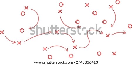 Abstract visual representation of an Xs and Os game strategy with directional arrows showing movement paths across the field.