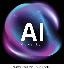 Abstract visualization of AI coworker and digital transformation with glowing neon icons for business automation, cloud computing, and neural network concepts.