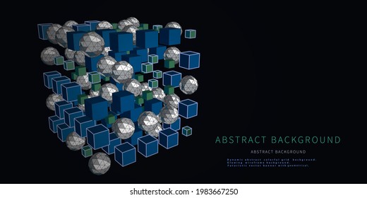 Abstract visualization analyze algorithm cubes and spheres. Quantum virtual cryptography. Virtual reality concept with wireframe form and data. Banner for business, science and technology. Big data. 