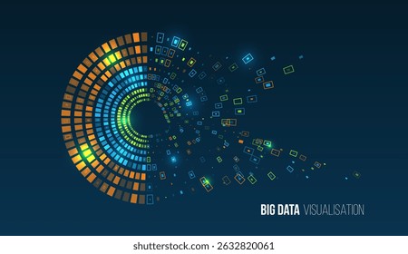 Visualização abstrata de grandes dados na forma de gráficos de pizza com blocos de pixels coloridos e quadrados divergentes. A imagem simboliza fluxo de dados, transformação digital, análise de informações