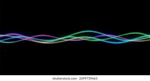 Abstract visualization of colorful wavy lines, possibly representing sound waves, data streams, or energy.