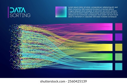 Abstract visualization of data sorting with colorful lines and gradient effects on a dark blue background.