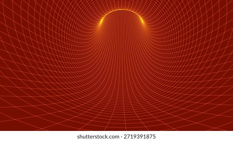 Una visualización abstracta de un embudo o túnel, creado a partir de una multitud de líneas brillantes y suaves, creando una perspectiva profunda y el efecto del espacio virtual contra un fondo oscuro. Rejilla de Vector lineal.