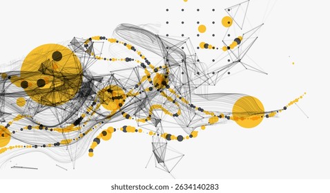 Visualização abstrata da interação de dados científicos através de uma rede de nós interconectados, curvas suaves e caos. 