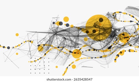 Visualização abstrata da interação de dados científicos através de uma rede de nós interconectados, curvas suaves e caos. 