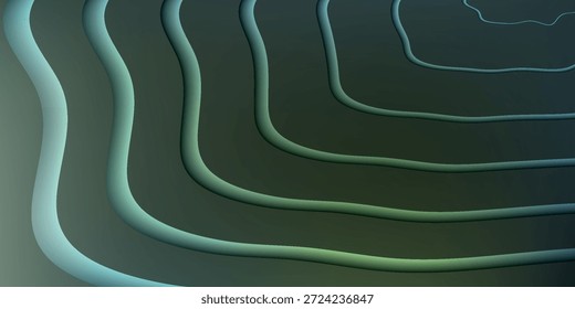 Visualização abstrata de linhas de contorno topográfico em tons de verde e azul, criando uma sensação de profundidade e elevação.