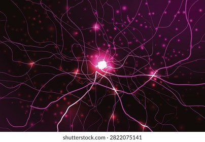 An abstract and visually striking digital illustration depicting a centralized glowing neural cell network. The design features a brilliant neon core with radiating purple axons, dendrites, and energetic synaptic connections spreading across a grid background. Soft particles and light flashes enhance the futuristic sci-fi aesthetic, making it ideal for concepts involving artificial intelligence, biological sciences, data transmission, and advanced neurology.#NeuralNetwork #BrainCells #BiotechDesign #FuturisticBackground #ArtificialIntelligence #PurpleNeon #Neuroscience #DigitalVector #SciFiArt