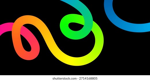 Una Imagen abstracta y visualmente llamativa con líneas fluidas y sinuosas renderizadas con un gradiente de arco iris vibrante. Los colores pasan suavemente del fucsia, naranja, amarillo y verde al azul, creando