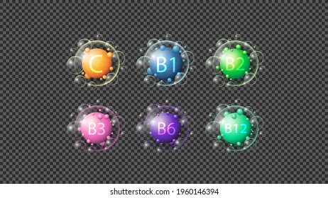 Abstract Vitamins symbols, signs, icons isolated on transparent background.