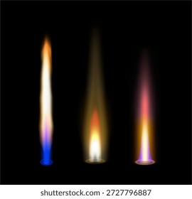 Abstract vivid burning fire, realistic methane blaze. Vector glowing gas flames, flare of flaming lighters. Ignite and sustain controlled blaze. Burners and stoves, heaters and industrial equipment