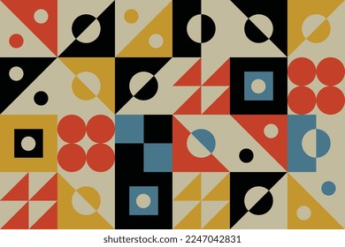 Abstract vivid composition of circle, square, and triangle. Simple retro tracery seamless patterns