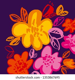 Abstract vivid grange summer flower element. Tropical vibes decorative sketch floral motif for cards, header, invitation, poster, print. vector illustration