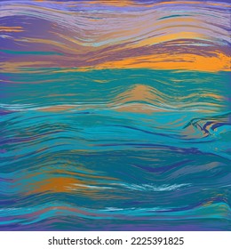 Abstract vivid sunset , sunrise seascape with horizon, cloudy sky, reflections on wavy water surface